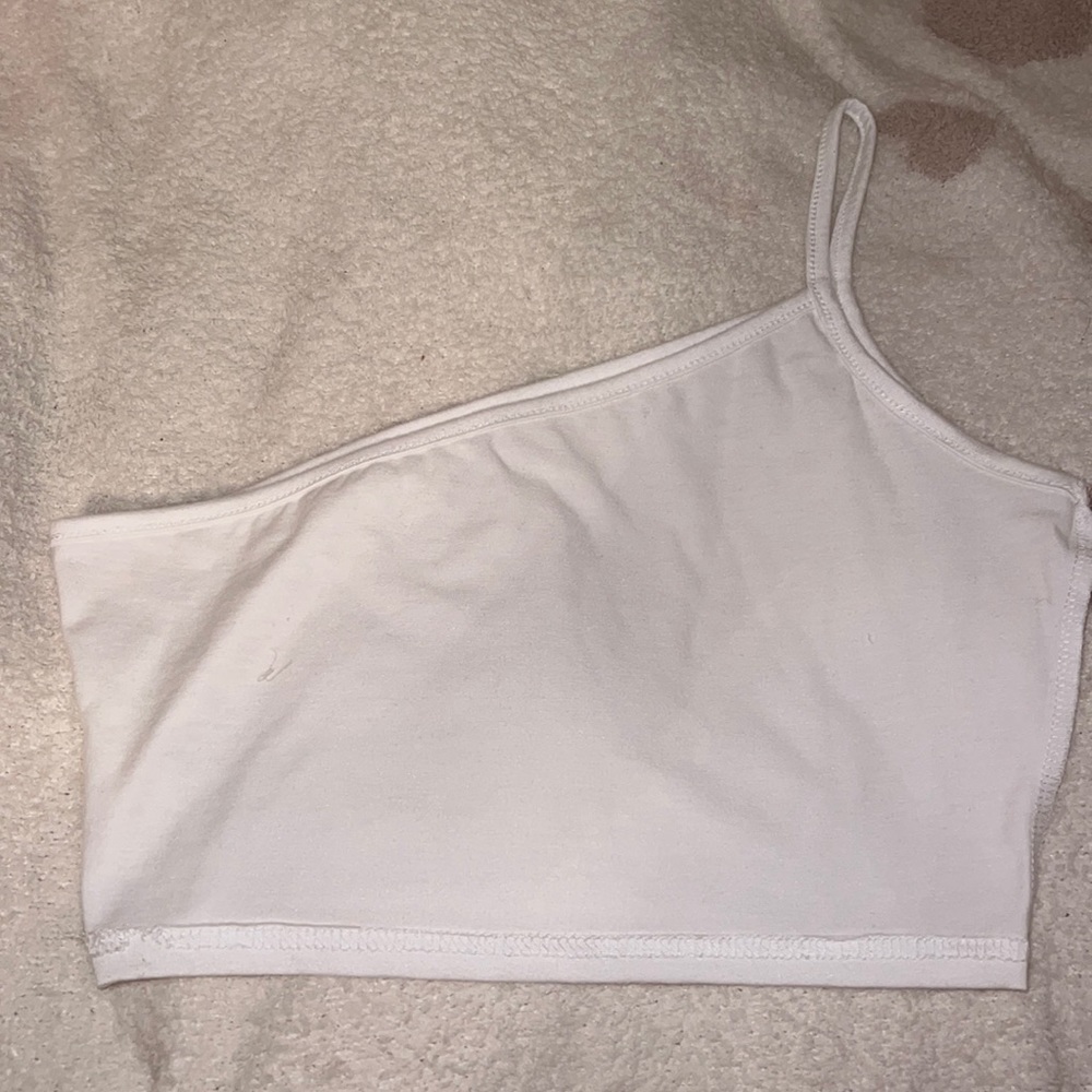 White one shoulder tank from Shein.